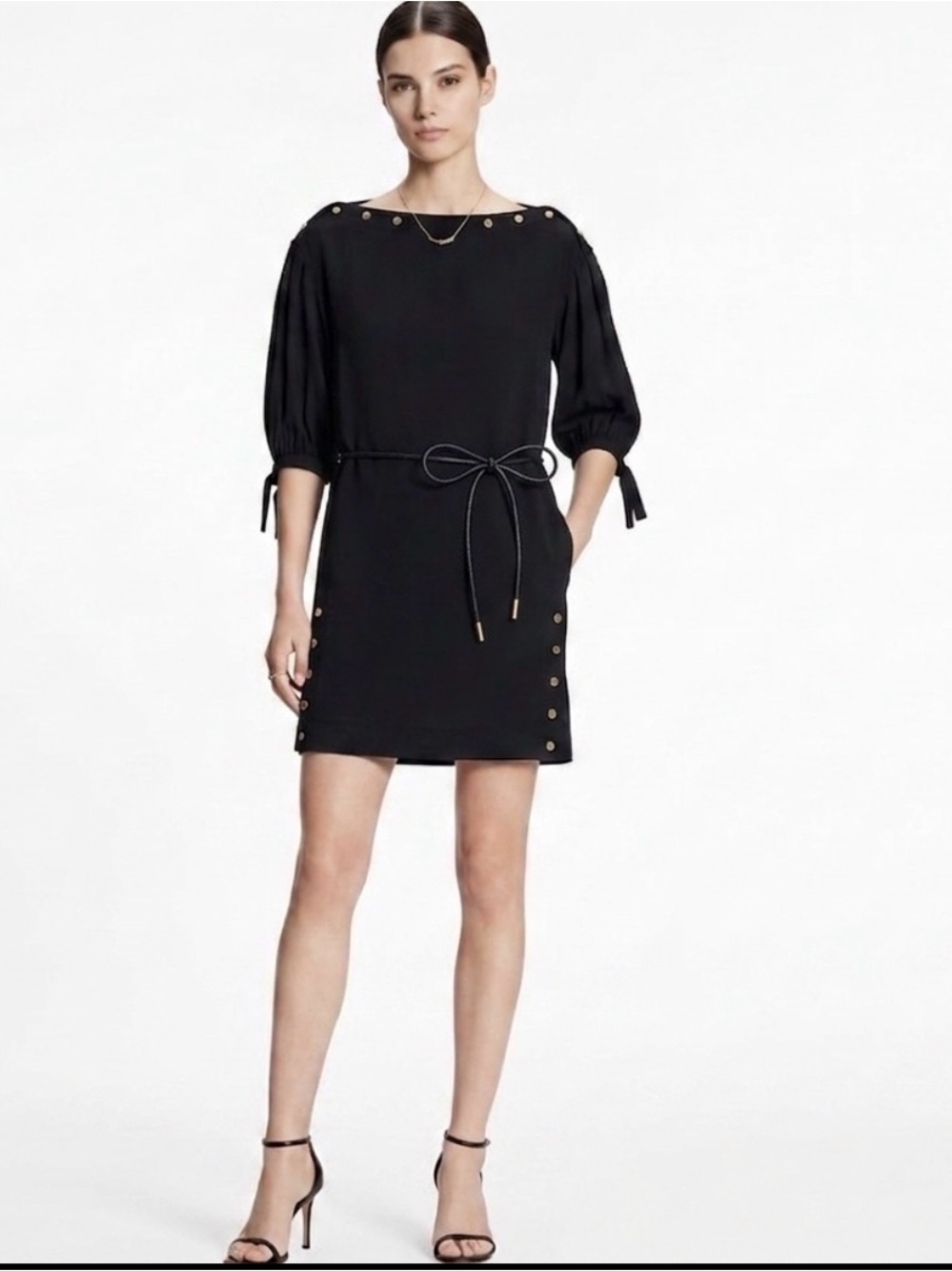 LOUIS VUITTON Black Boat Neck Gold Button Belted Mini Dress 34/ 2 US Vintage